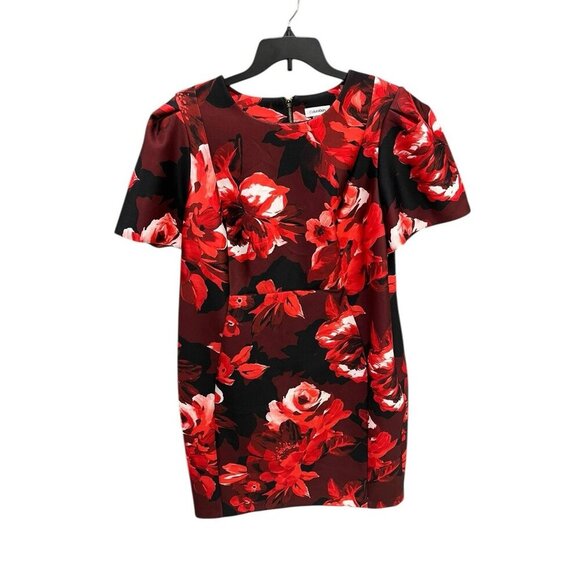 Calvin Klein Woman's 20W Formal Floral Dress Black/Red Short Sleeve Zip Up Back - Picture 1 of 3